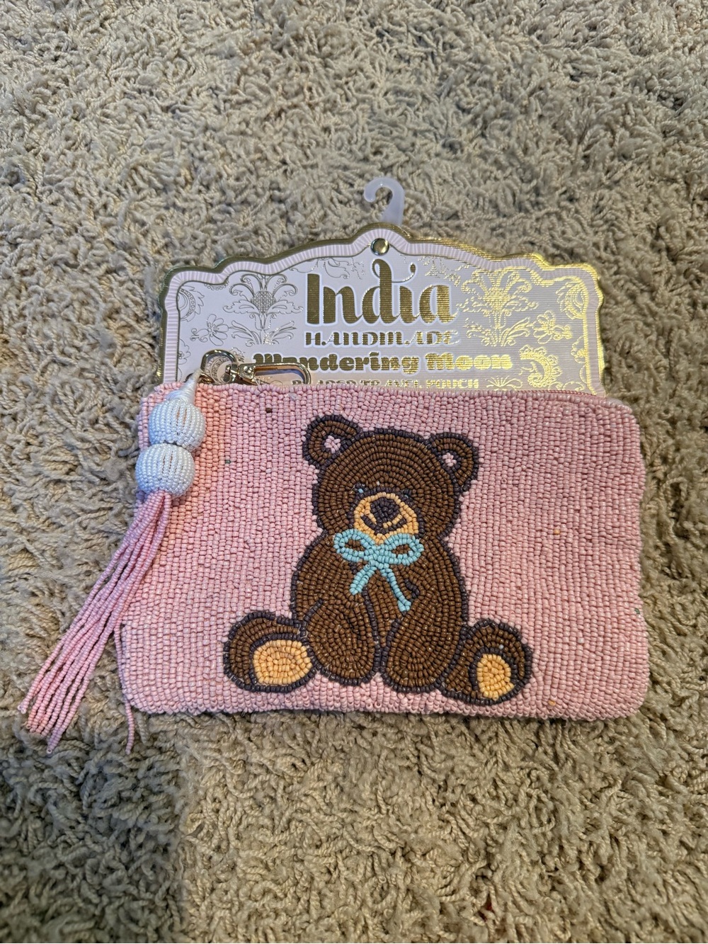 Pink Beaded Teddy Wristlet Pouch by
